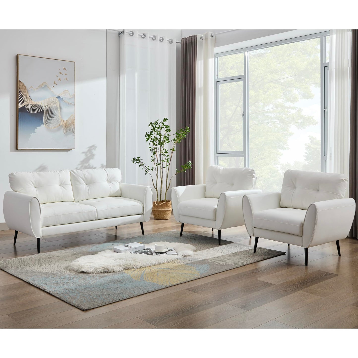 Sofa Couch 61" Small Loveseat Couches for Living Room White Leather Couch Mid Century Modern Tufted Mini Sofa Comfy Office 2 Seat Settee Love Seat Small Couches for Small Spaces Bedroom (3, White)