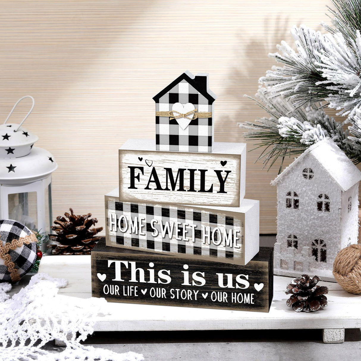 Cinnvoice Farmhouse Wooden Tabletop Decor Home Tiered Tray Decor Rustic Retro Family Home Sweet Home This Is Us Wood Sign Neutral Decorations for Coffee Shelf Desk Centerpiece Decoration Cinnvoice