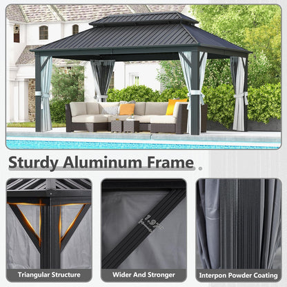 Aoxun Hardtop Gazebo 12ft X 16ft, Outdoor Gazebos with Double Roof, Galvanized Steel Permanent Aluminum Gazebo with Netting and Curtains, for Decks, Gardens, Patios, Parties