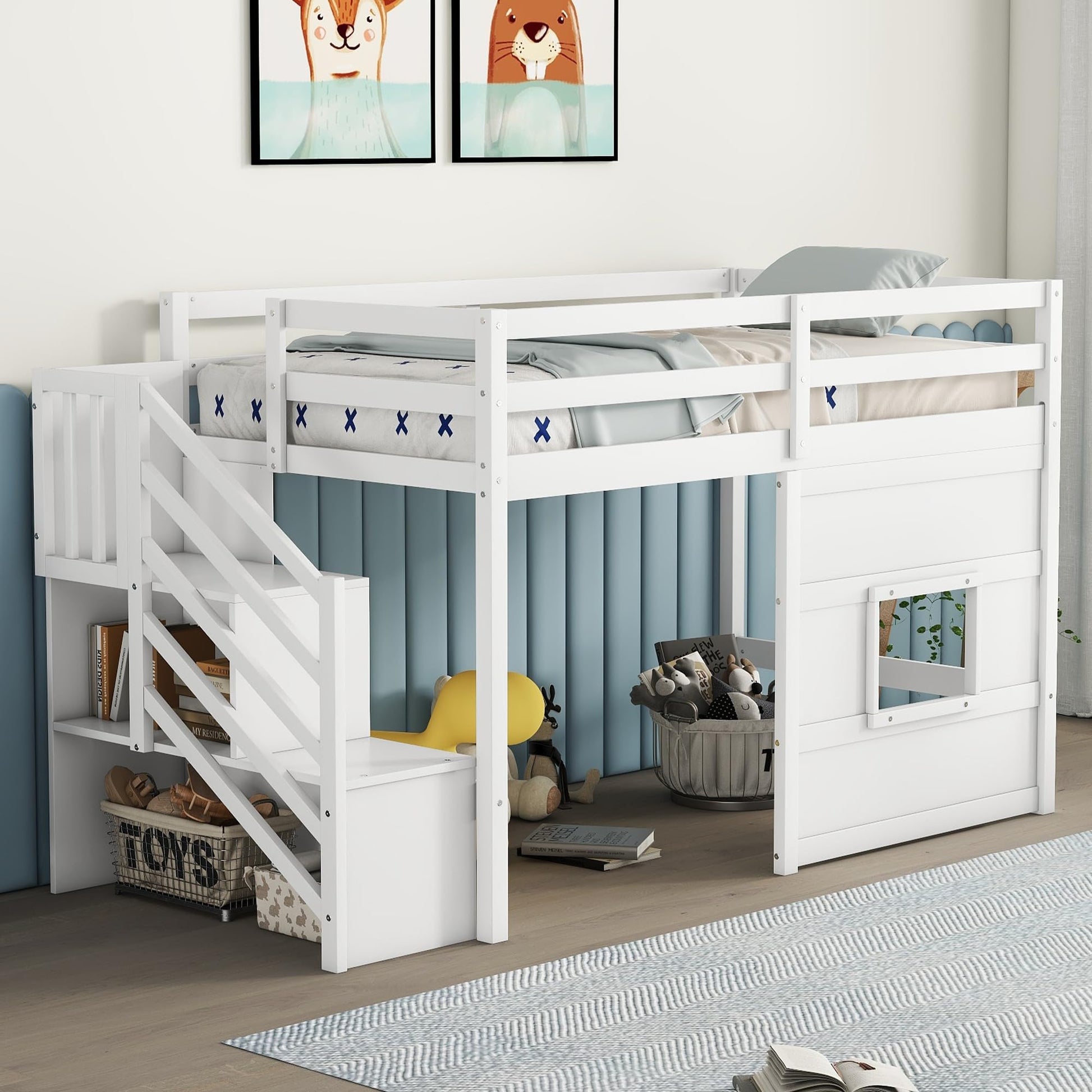 Harper & Bright Designs Twin Size Low Loft Bed with Playhouse and Storage Stairs in White - WoodArtSupply