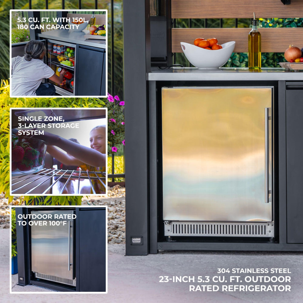 Backyard Discovery Fusion Flame Turn-Key Outdoor Kitchen with 38-inch Stainless Steel 5-burner Grill Island, Sear Zone, Infrared Burner, Outdoor-Rated Refrigerator, Storage, Steel Roof for Deck, Patio Backyard Discovery