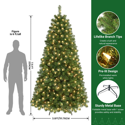 SHareconn 7.5ft Prelit Premium Artificial Hinged Christmas Tree with Pre-lit 350 Warm White Lights, 998 Branch Tips and Foldable Stand, Perfect Choice for Xmas Decoration, 7.5 FT, Green