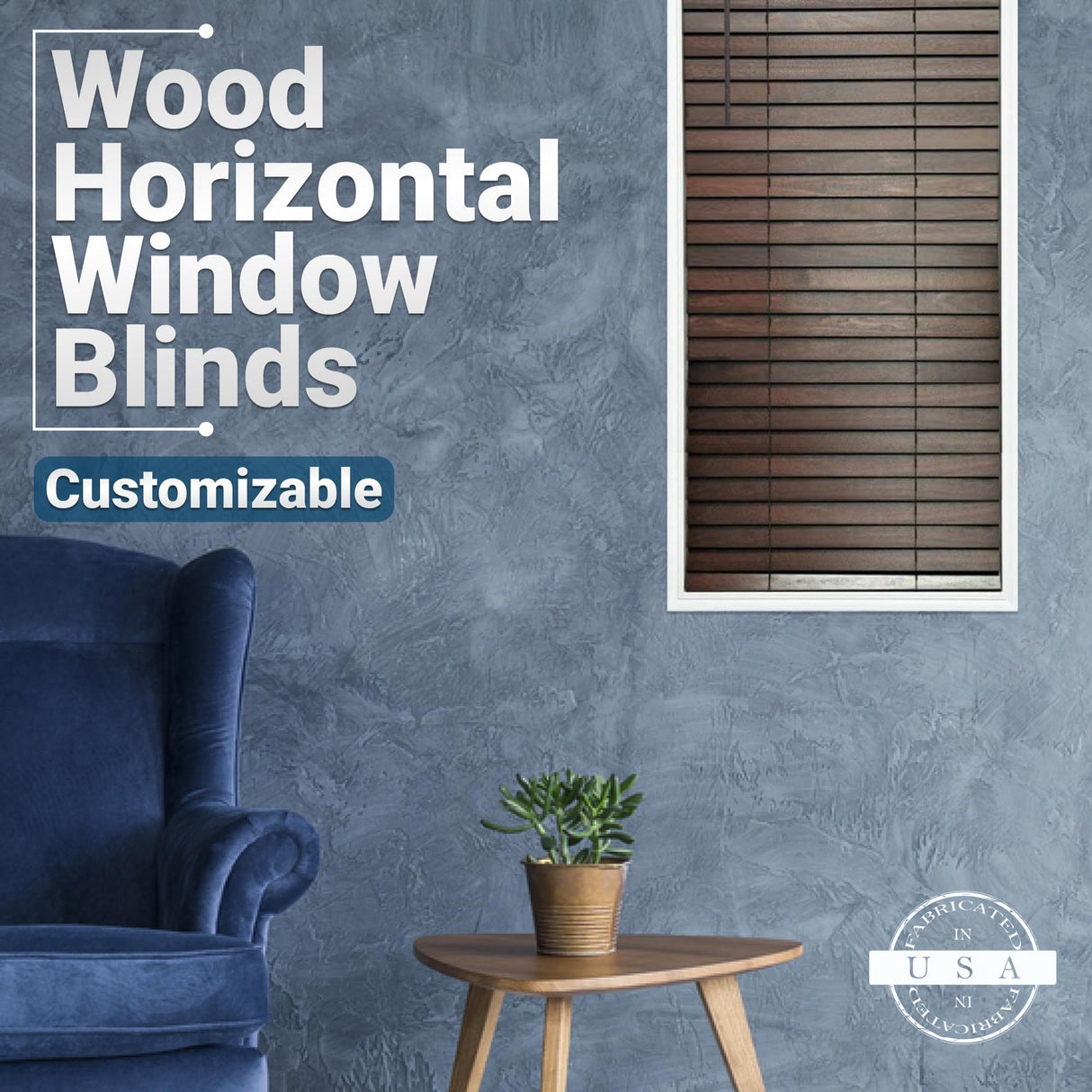 TailorView Customizable Wood Horizontal Cordless Window Blinds - 2 Inch Slats - Walnut (Medium-Dark Brown,) Outside or Inside Mount. TailorView