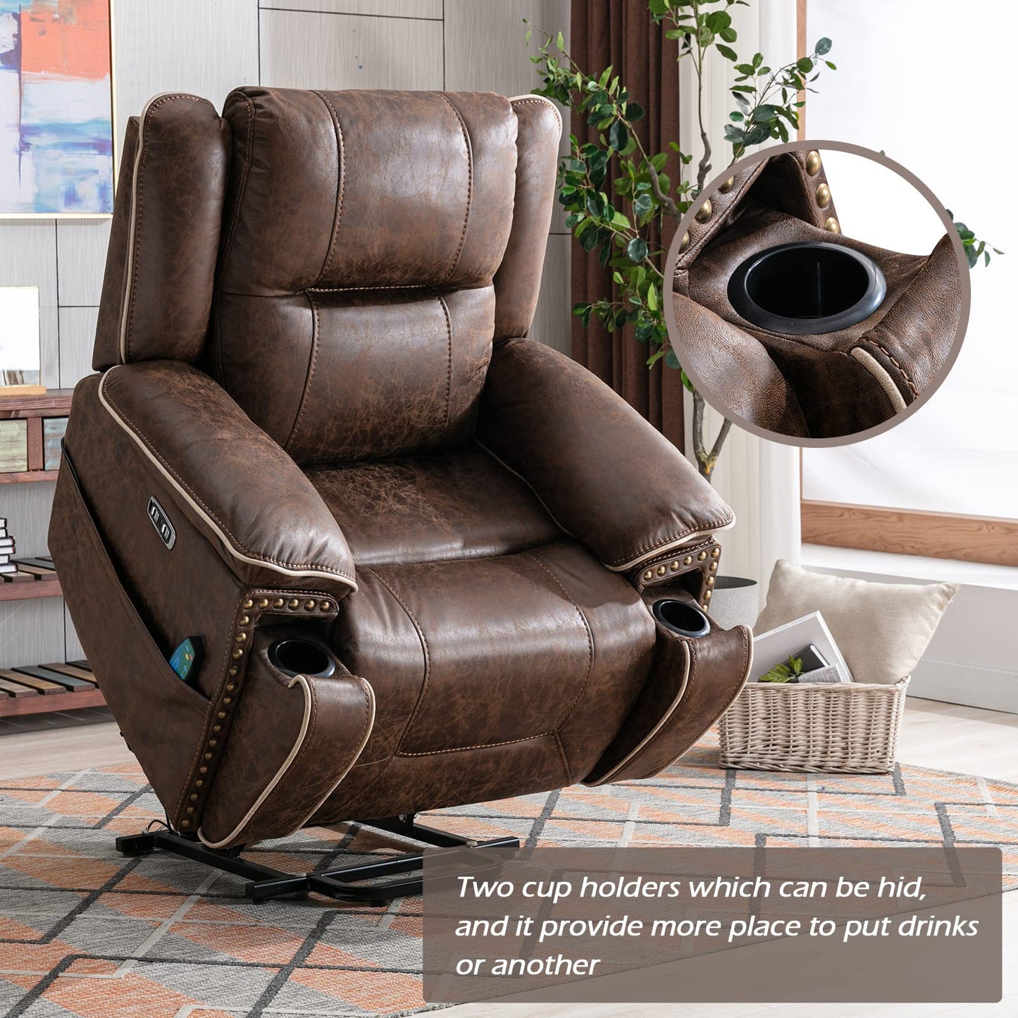 CANMOV Dual Motor Large Power Lift Recliner Chairs with Massage and Heat for Elderly Big People, Electric Faux Leather Recliner with Adjustable Headrest, 2 Concealed Cup Holders, USB Ports, Nut Brown