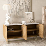 roomfitters Mid Century Modern TV Stand for TVs up to 65", Herringbone Sideboard Buffet Cabinet Credenza, Marble Top Media Console, Boho Entertainment Center for Living Room, Entryway (Oak Wood) roomfitters