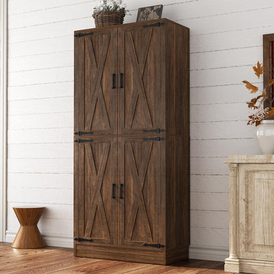 Unikito 71" Farmhouse Kitchen Pantry Storage Cabinet with Barn Doors, Adjustable Shelves & Drawer Organizer, Versatile Tall Storage Cupboard for Dining Room, Bathroom, Utility Room, Weathered Brown