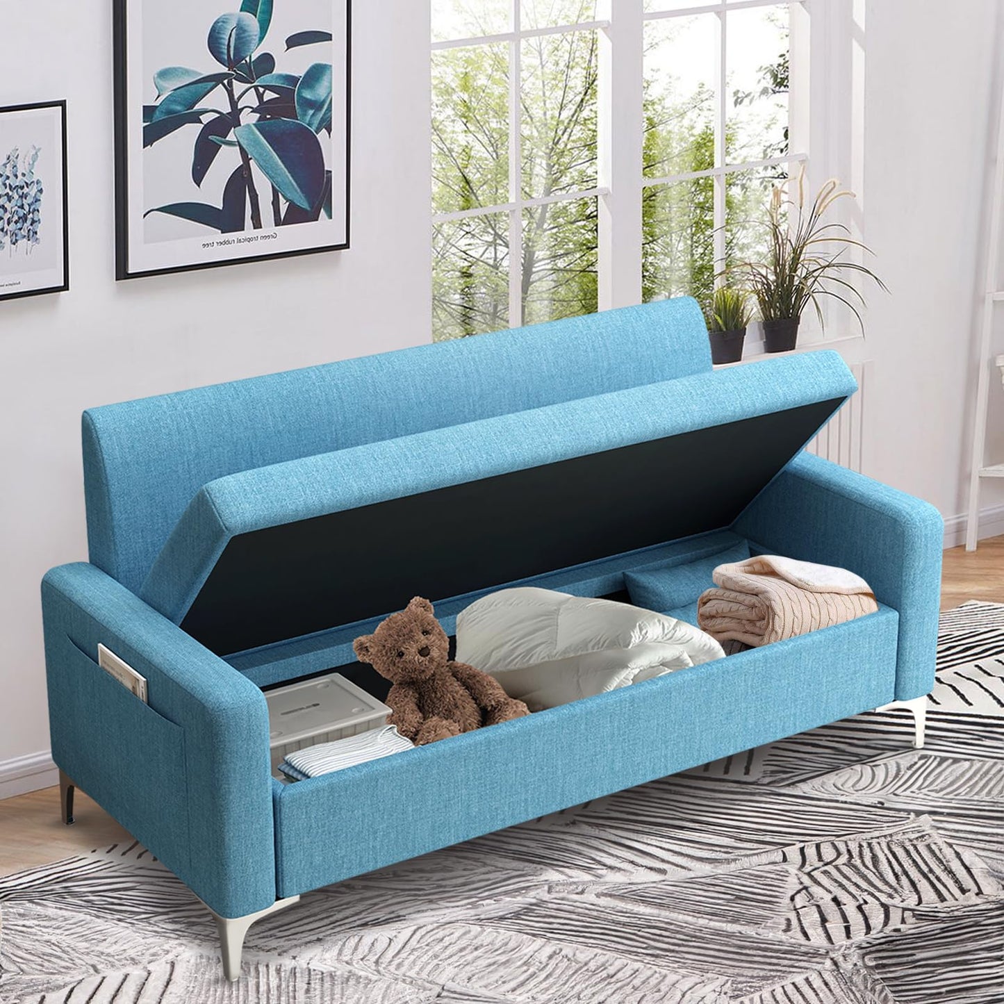 Loveseat Sofa Couch with Storage Seat, 57" Button Tufted Upholstered 2 Seat Sofa with Side Pockets, Modern Love Seat with Silver Metal Legs for Living Room, Bedroom, Office, Small Space (Blue)