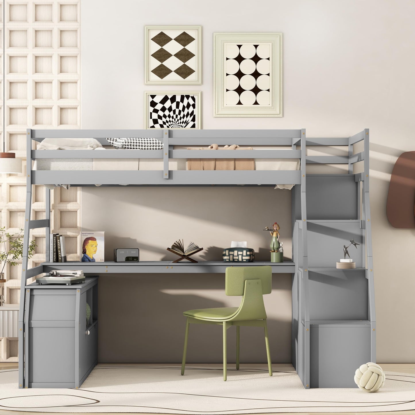 Twin Loft Bed with Storage Stairs and Desk - Bellemave Grey Wood Frame for Kids and Teens