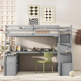 Twin Loft Bed with Storage Stairs and Desk - Bellemave Grey Wood Frame for Kids and Teens Bellemave