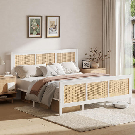 CHABUILDREARK Rattan Bed Frame, Boho King Bed Frame and Headboard, Metal Platform King Size Bed Frame with Strong Slats Support, No Box Spring Needed, Noise-Free, Easy Assembly, White CHABUILDREARK