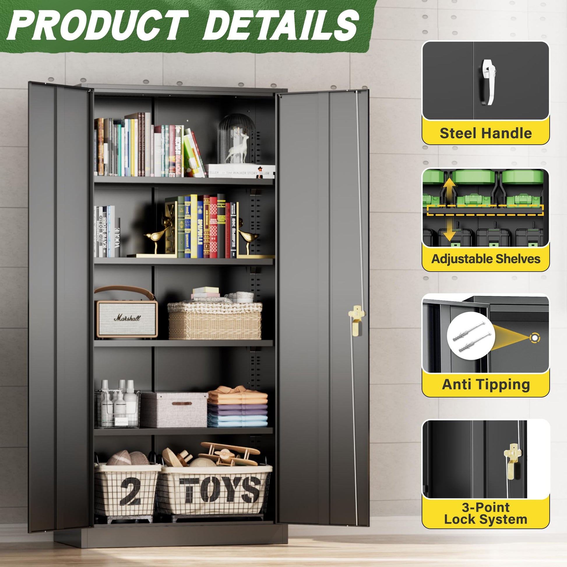 Greenvelly Metal Storage Cabinet, 72" Black Steel Garage Cabinet with Doors and Adjustable Shelves, Metal Cabinet with Lock,Garage Cabinets and Storage System for Garage,Home Office,School - WoodArtSupply