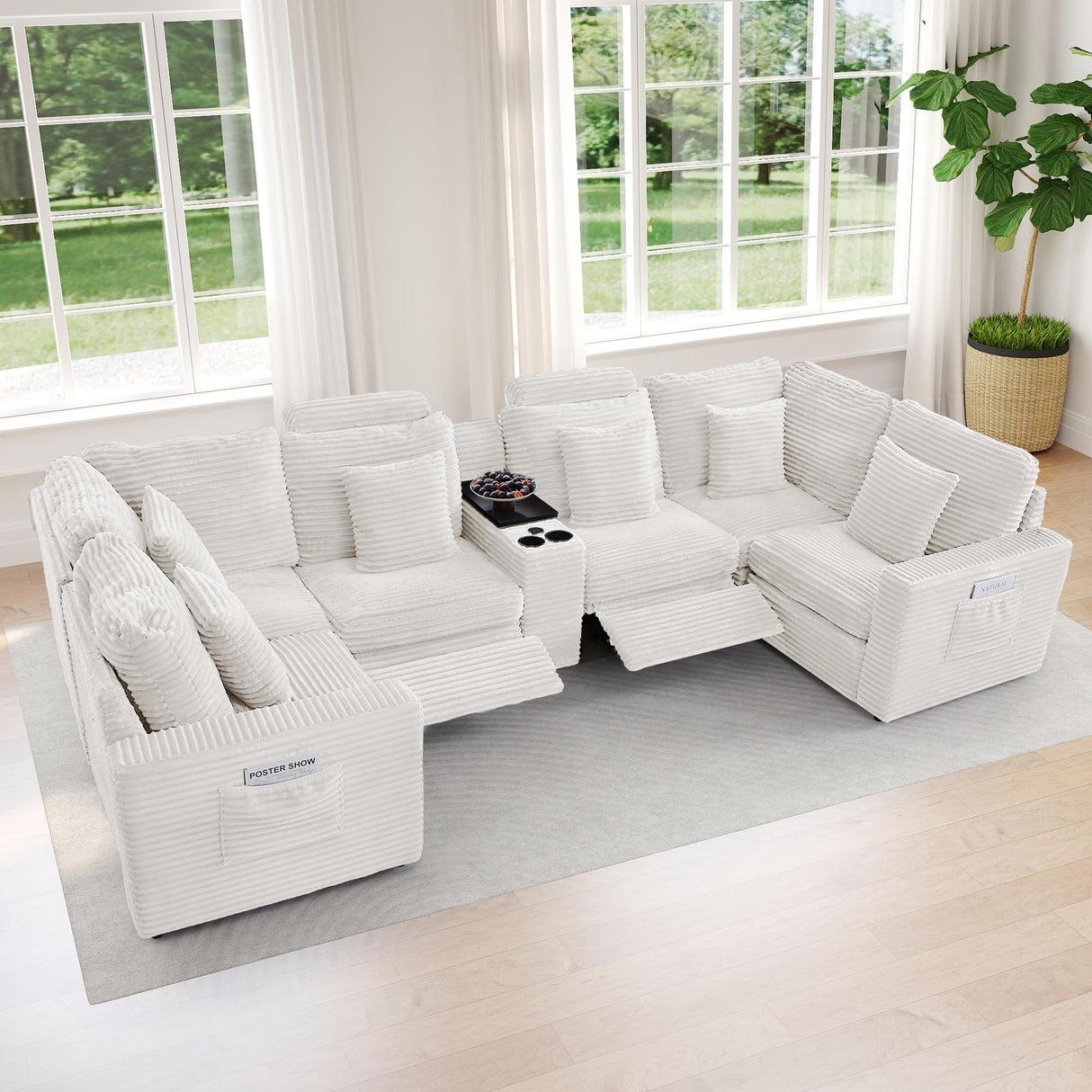 LEVNARY 6-Seat U Shaped Modular Sectional Sofa with Power Recliners, Faux Rabbit Fur Upholstery, Storage Console with Charging Ports & Cup Holders, Living Room Couch Set for Home Office (White) LEVNARY