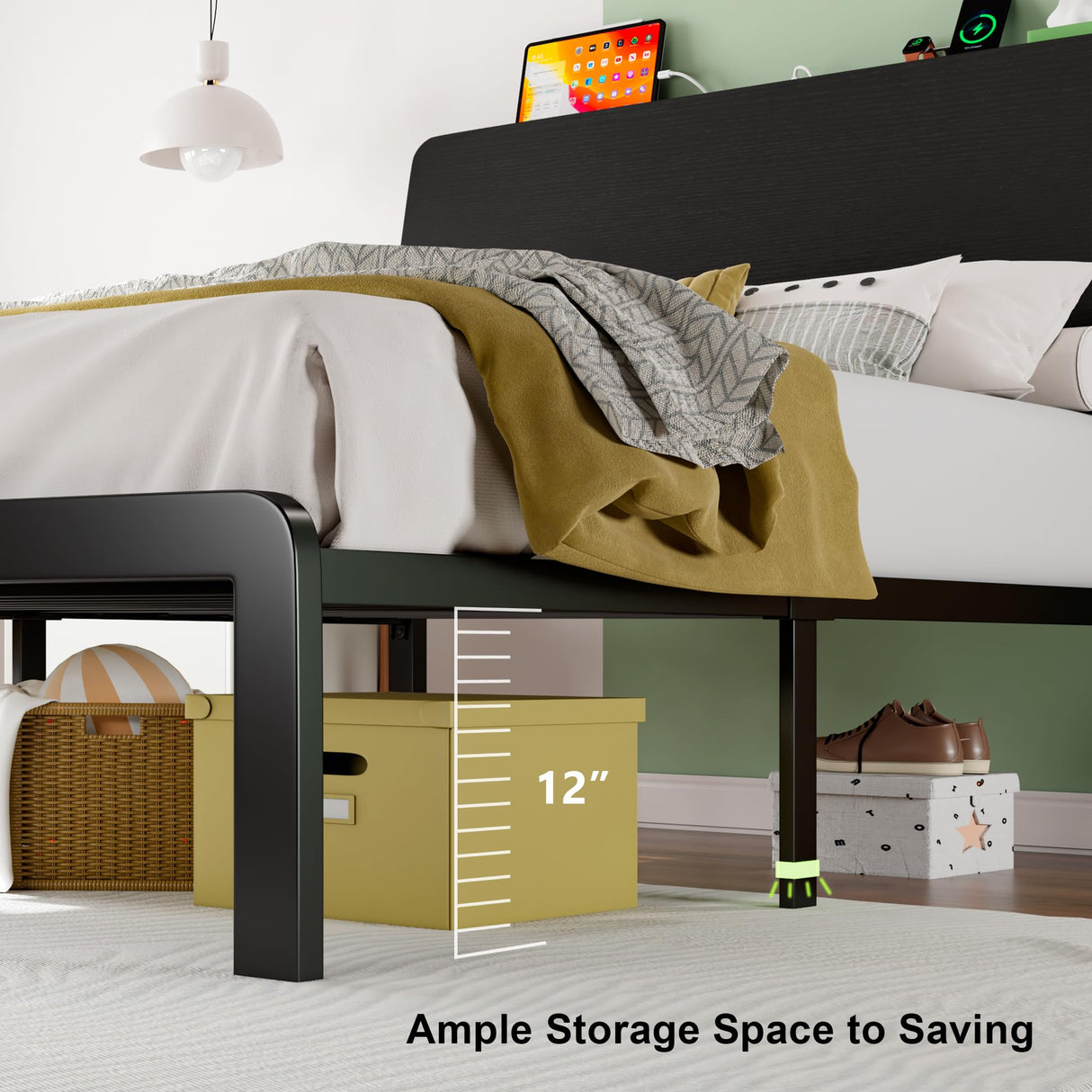 Feonase Twin Bed Frame with Ergonomic Storage Headboard & Charging Station, LED Platform Bed Frame, Heavy Duty Metal Slats, No Box Spring Needed, Easy Assembly, Black Feonase