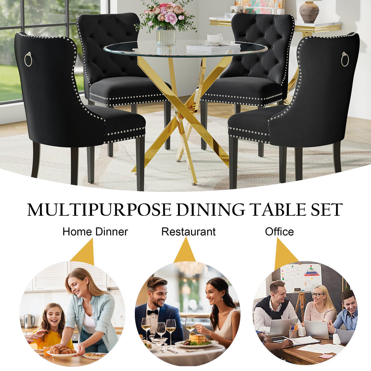 Modehodei 5-Piece Glass Dining Table Set for 4, Include 36" Round Tempered Glass Kitchen Table and 4 Black High Back Chairs for Dining Room, Living Room (Gold Legs) Modehodei