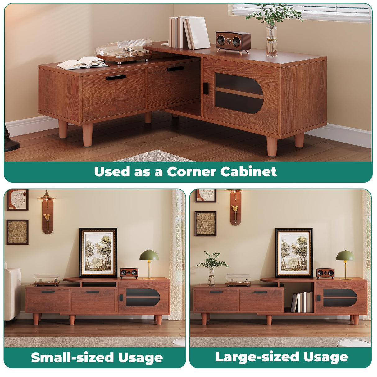 YITAHOME Extendable TV Stands with 2 Drawers & 1 Cabinet, Adjustable to Corner TV Cabinet, Modern Entertainment Center, TV Consoles for Living Room, Retractable to 64 Inches (Red Brown Walnut) YITAHOME