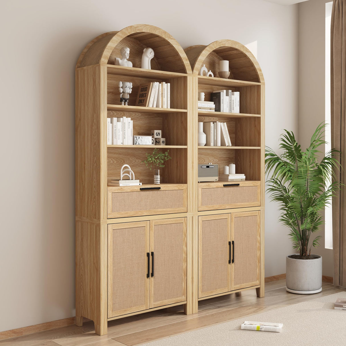 79" Tall Arched Bookcase with Storage, Mid Century Modern 6-Tier Cabinet with Door and Drawer, Arched Bookshelf with Open Display Shelf for Office Living Room (Natural, 79inch-Doors) Janmer Home