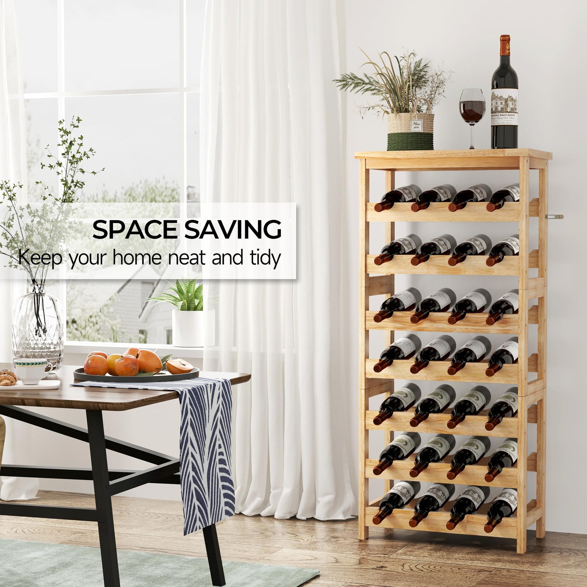 28-Bottle Wine Rack Free Standing Floor, Solid Wood 7-Tier Display Wine Storage Shelves with Tabletop, Wobble-Free Bottle Holder for Cellar Kitchen - WoodArtSupply