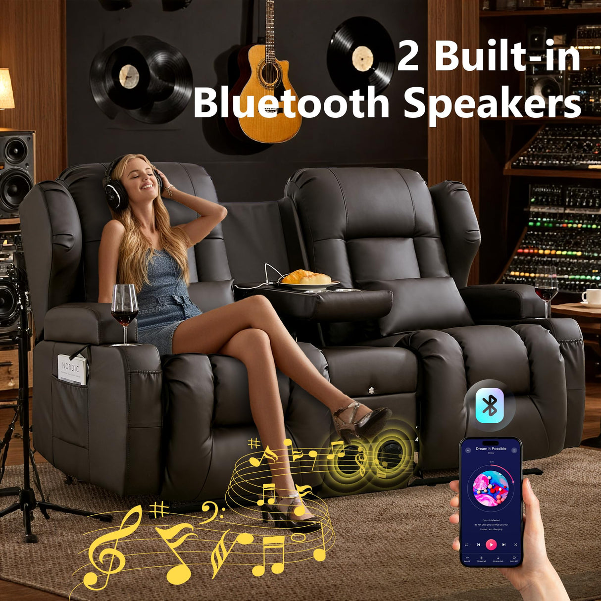 URRED Loveseat Rocker Recliner Sofa with Console, Manual Reclining Loveseat RV Couch Double Rocking Chair Nursery with Cup Holders, Side Pocket, Bluetooth Speaker, USB, Outlets (Dark Brown) URRED