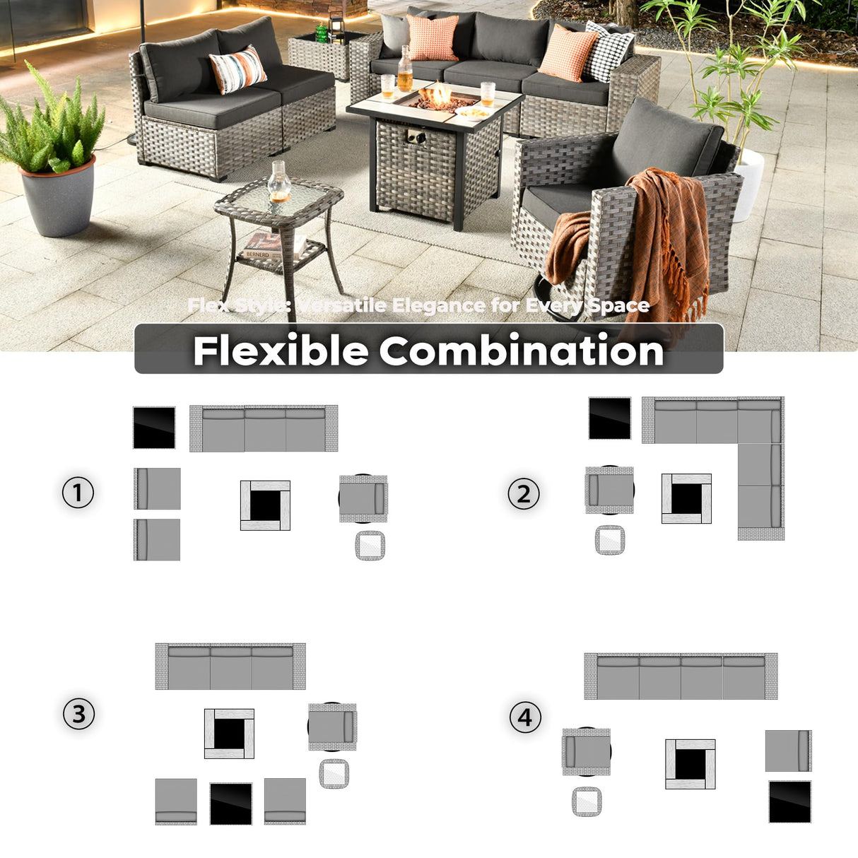 ovios 9 Pieces Patio Furniture Set, Outdoor Wicker Sectional Sofa with 30" Fire Pit Table Swivel Chair, Modern Modular Deep Seat Rattan Couch Conversation Sets, Black ovios