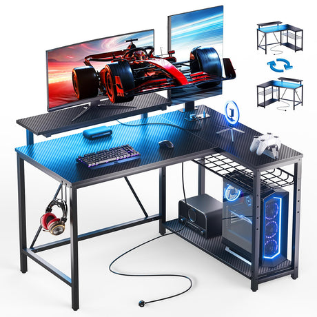 Bestier Gaming Desk with Power Outlets, 42" L-Shaped Gaming Desk with LED Lights, Desk with Reversible Storage Shelves & Hooks for Small Spaces, Bedrooms & Offices, Black Carbon Fiber Bestier