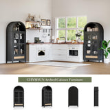 CHYMSUN 71” Tall Arched Kitchen Pantry Cabinet, Modern Farmhouse Hutch Storage Cabinets with Large Drawer and Glass Doors for Kitchen, Dining Room, Living Room, Black CHYMSUN