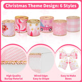 KINGLAKE Christmas Ribbon Wired 2.5 Inch Pink Christmas Wired Edge Ribbon,30 Yards Christmas Tree Ribbon Santa Snowflake Candy Cane Plaid Ribbon for Bow Wreaths Gift Wrapping Xmas Decorations Crafts KINGLAKE