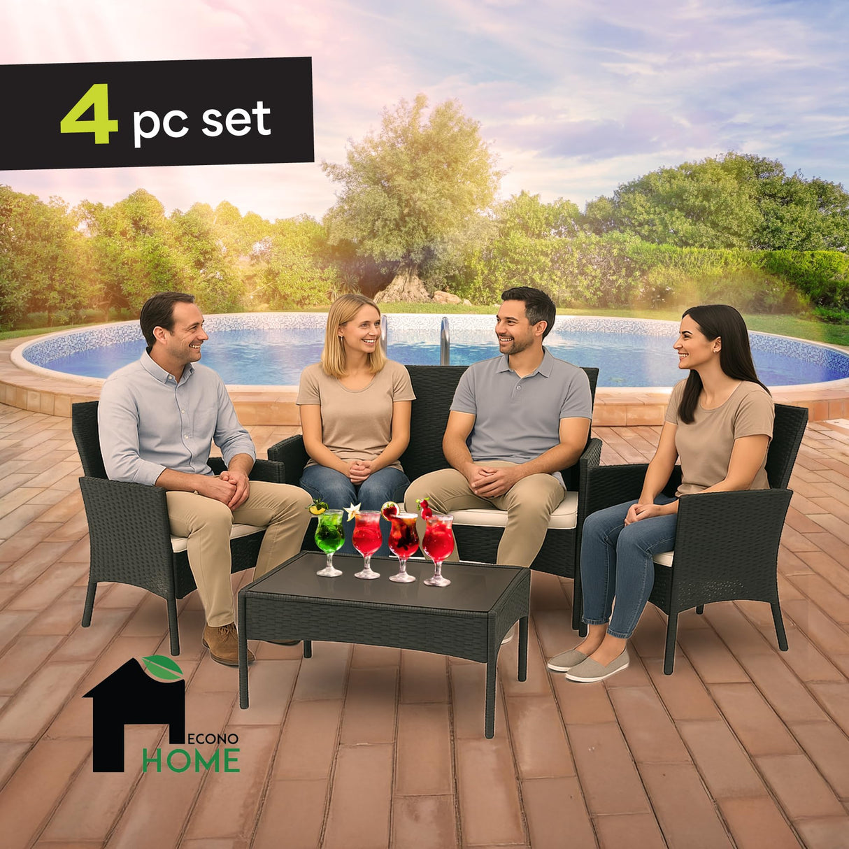 EconoHome 4-Piece Outdoor Patio Furniture Set - Patio Set with 2 Rattan Chairs, 1 Loveseat & 1 Glass -Top Coffee Table - Weather-Proof Wicker with Cushions - Conversation Set for Porch, Balcony, Lawn EconoHome