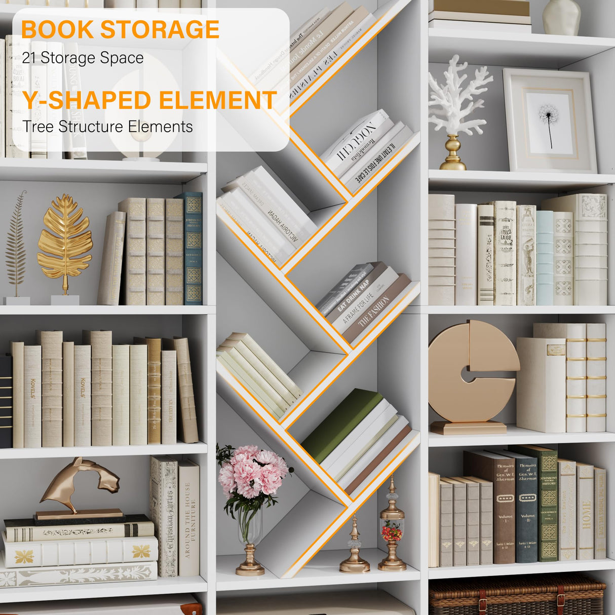 Nosepen 71" White Bookshelf, 6-Tier Floor Standing Bookcase with 13 Square Storage, Tall Bookshelf with Adjustable Shelves, Modern Tree Style Display Organizer for Office, Living Room, Library, White Nosepen