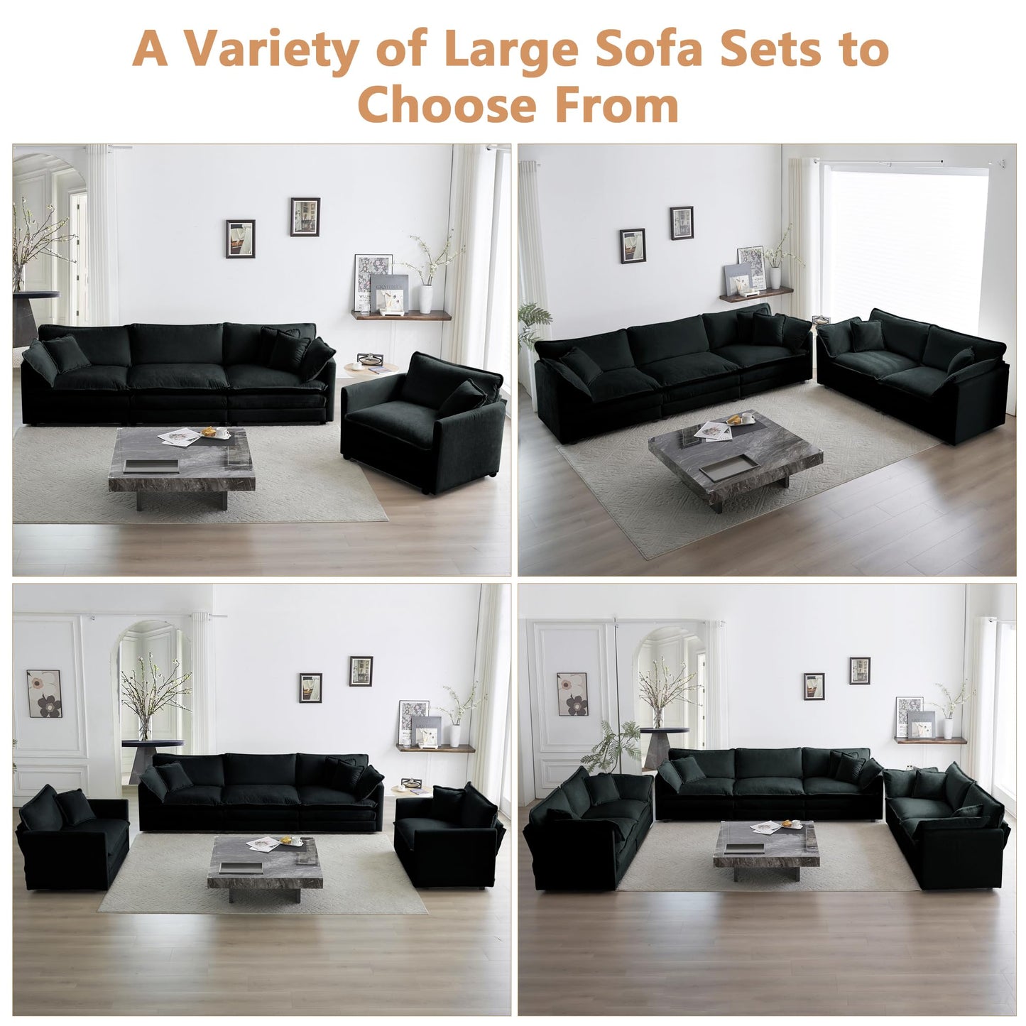 mikibama Luxury 2 Piece Cloud Couches Set, Modern Upholstered Chenille 3 Seater and Loveseat Sofa Set with 9 Pillow for Living Room Bedroom Office Apartment, Black