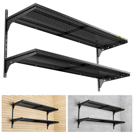 Brukid 2 Tier 1.3x4ft Garage Shelving Wall Mounted, 400 lbs Load Capacity，15.6x48inch per Shelf Height Cassette Adjustable Floating Shelves(Black) Brukid