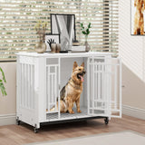DWVO Dog Crate Furniture with Wheels, 32 Inch Dog Kennel Indoor Heavy Duty End Table Dog Crate for Small Medium Dogs, Decorative Wooden Dog Cage Table with Removable Tray, Chew-Resistant, White DWVO