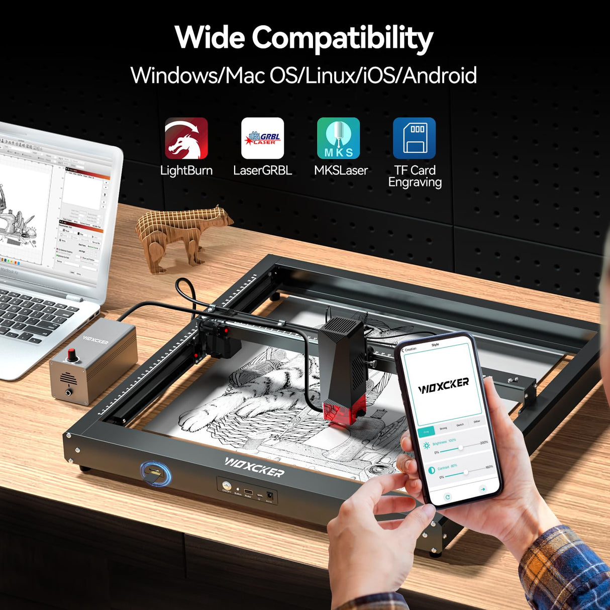 Laser Engraver, JL7 60W Laser Cutter 10W Output Powerful Laser Engraving Machine with Air Assist, APP Supported Cutter, High Accuracy and Speed 400*400 mm Size for Wood, Metal, Leather, Acrylic, Glass Woxcker