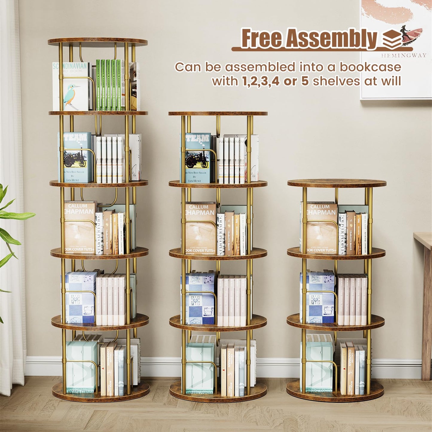 Sleek Gold 3-Tier Rotating Bookshelf with 360° Display and Partition Storage - WoodArtSupply