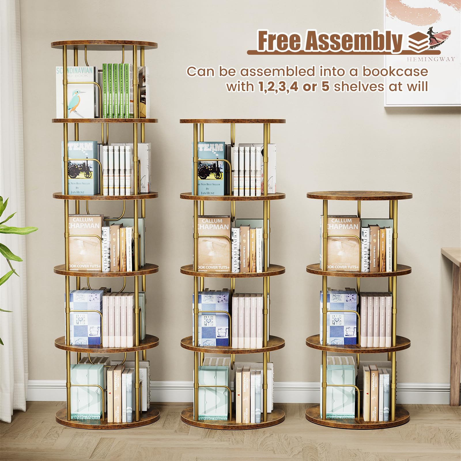 Sleek Gold 3-Tier Rotating Bookshelf with 360° Display and Partition Storage - WoodArtSupply