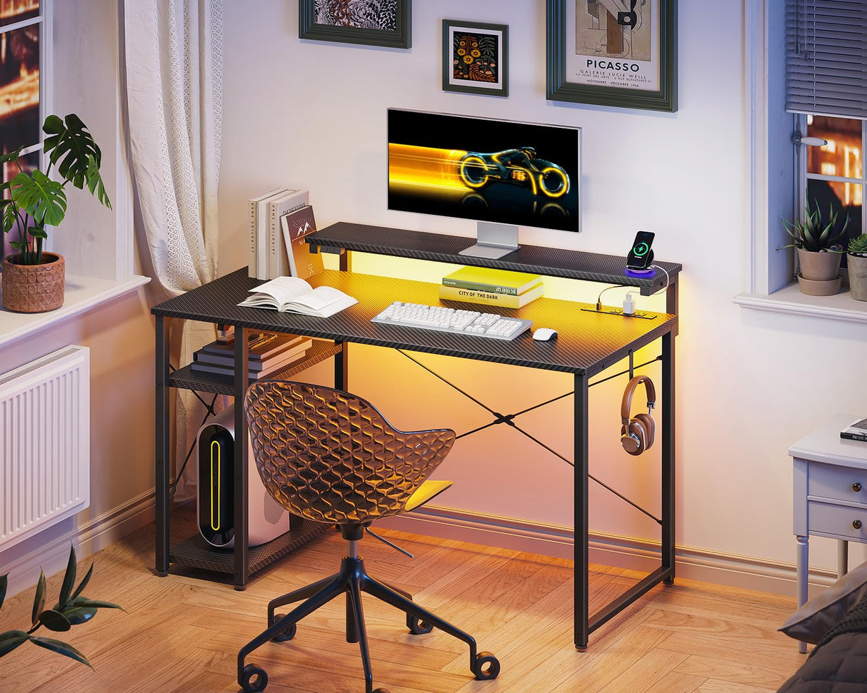 MOTPK Gaming Desk with Led Lights & Power Outlet, 40 Inch Small Gaming Computer Desk with Shelves, Reversible Gamer Desk Table with Adjustable Monitor Stand & Headphone Hook, Carbon Fiber Texture MOTPK