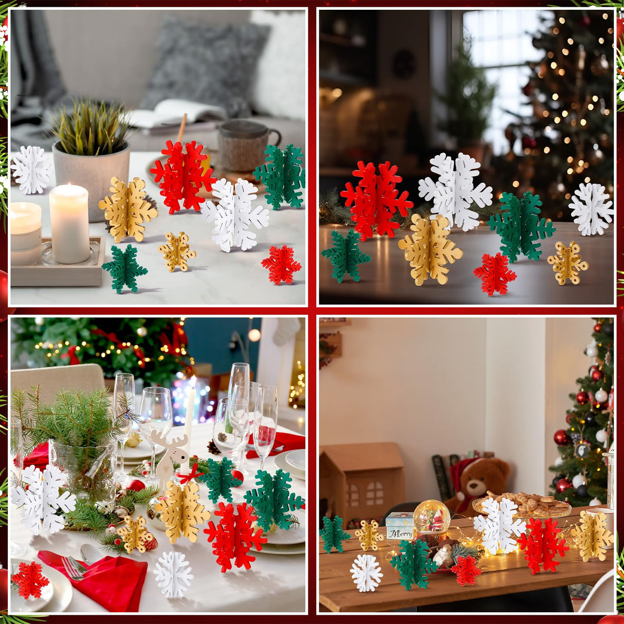 Wenqik 16 Pcs Winter Wooden Snowflake Decor Christmas Winter Snowflake Tabletop Decorations 3D Snowflake Table Signs Standing Centerpiece Tiered Tray Decorations for Party(Gold, White, Green, Red) Wenqik