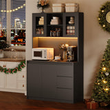 Homhougo 70'' Tall Kitchen Pantry Cabinet with 3 Drawers, 4 Doors, Adjustable Shelves for Storage - Power Outlet (Black) Homhougo