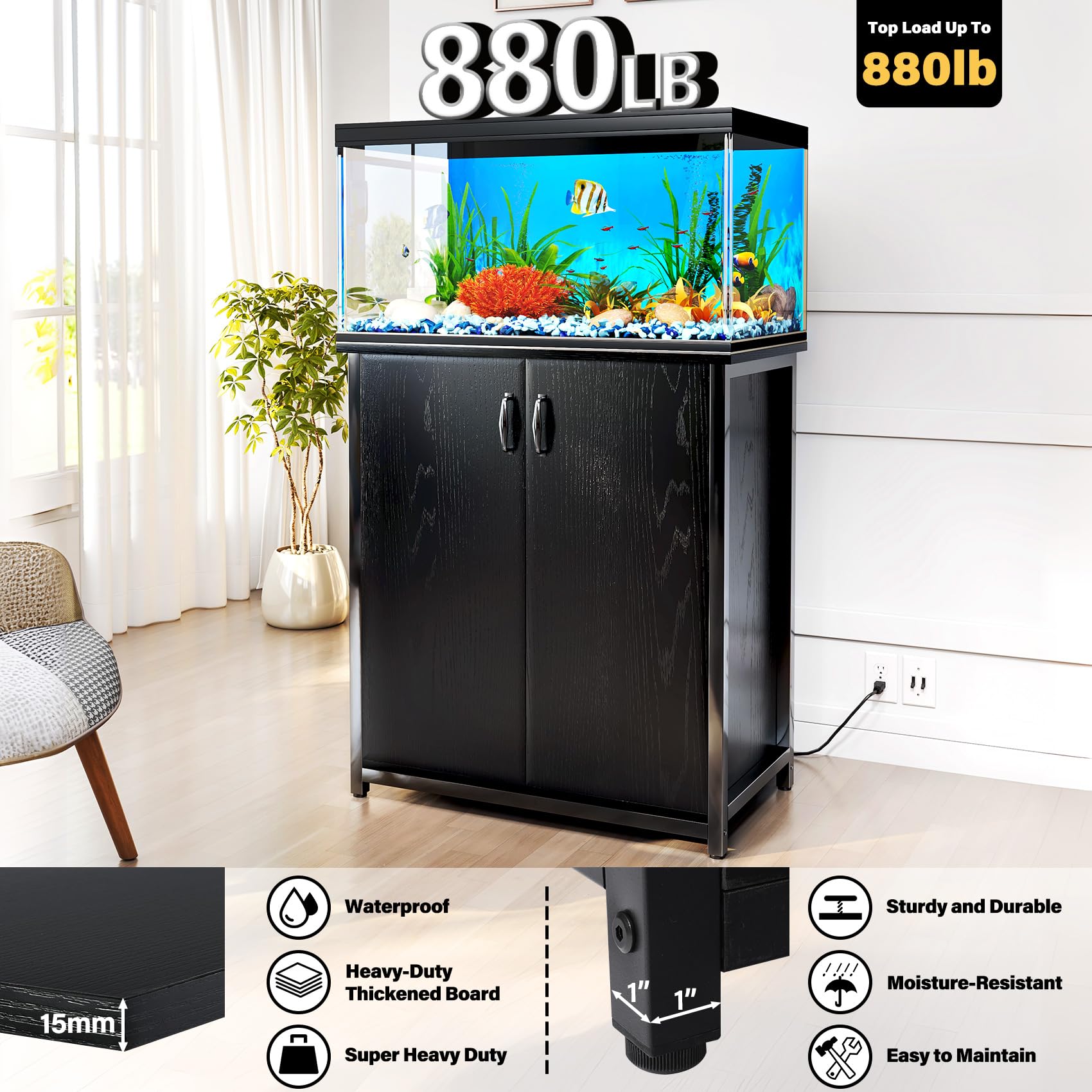 TC-HOMENY 10-29 Gallon Aquarium Stand with Charging Station and Cable Holes, Metal Fish Tank Stand with Storage Cabinet, 29" L x 16.5" W Tabletop, 880LBS Capacity, Fit for Living Room - WoodArtSupply