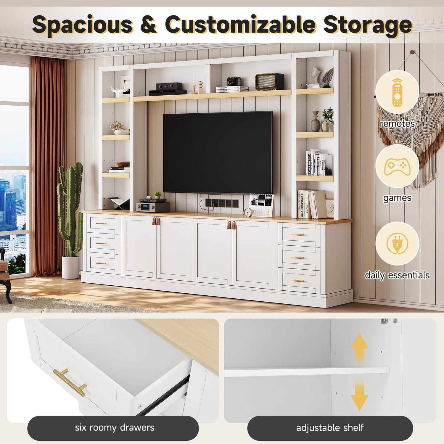 LUMISOL Farmhouse 4-Piece Entertainment Center Wall Unit for TVs up to 75", Large TV Stand with Bookshelves, 6 Drawers & Adjustable Shelves, Rustic Large Media Console for Living Room, White LUMISOL