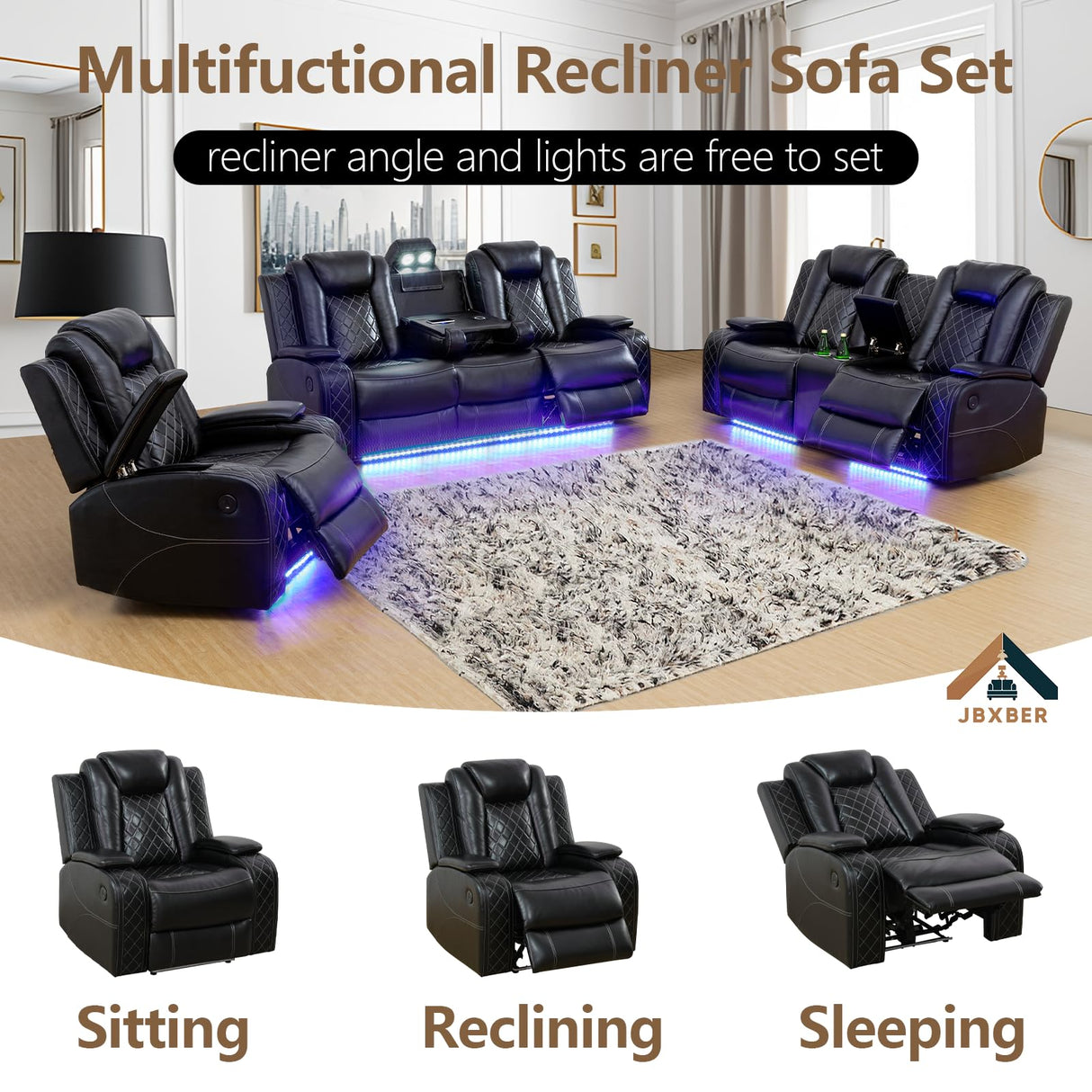 JBXBER Power Recliner Sofa Sets for Living Room, Leather Recliner Sofa Set with LED Light, Console Storage, Cup Holder for Home Theater Seating(Sofa and Loveseat,Black) JBXBER