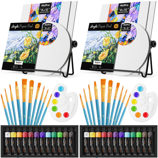 Nicpro Acrylic Paint Canvas Set for Adults & Kids, 80PCS Art Painting Supplies Kit with 2*12 Colors Paint, 6 Canvas, 2 Table Easel, 2*10 Brushes, 2 Paper Pad, 2 Palette for Artist Beginner Students