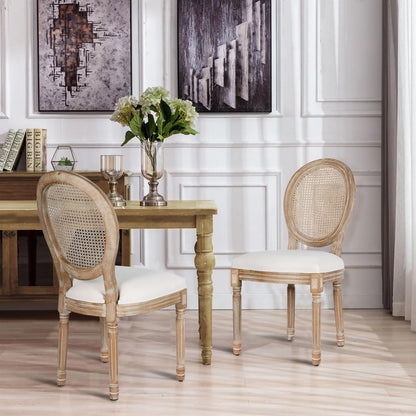 Polar Aurora Dining Chairs Set of 2 Beige Rattan Round Back with Solid Wood Legs and Frame for French Country Kitchen Dining Room - WoodArtSupply