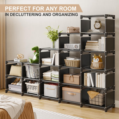 REIBII DIY Multi-Purpose Black Bookshelf with 18 Storage Cubes for Home and Office - WoodArtSupply