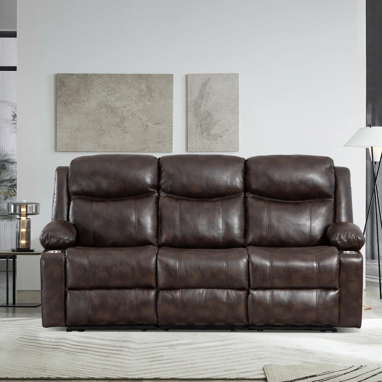 CALIVIA Manual Reclining 3-Seater Sofa with Heat & Massage, PU Leather Recliner Couch for Living Room, Faux Leather Upholstery, Deep Cushions & Sturdy Frame (Brown) CALIVIA