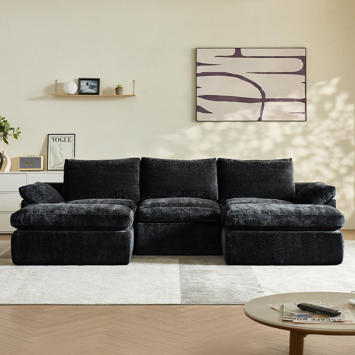 Vamcheer Modular Sectional Cloud Couch, Utra Soft U Shaped Couch with 2 Movable Ottoman, Deep Seat Boneless Couches for Living Room Bedroom, No Assembly Required, Black Vamcheer