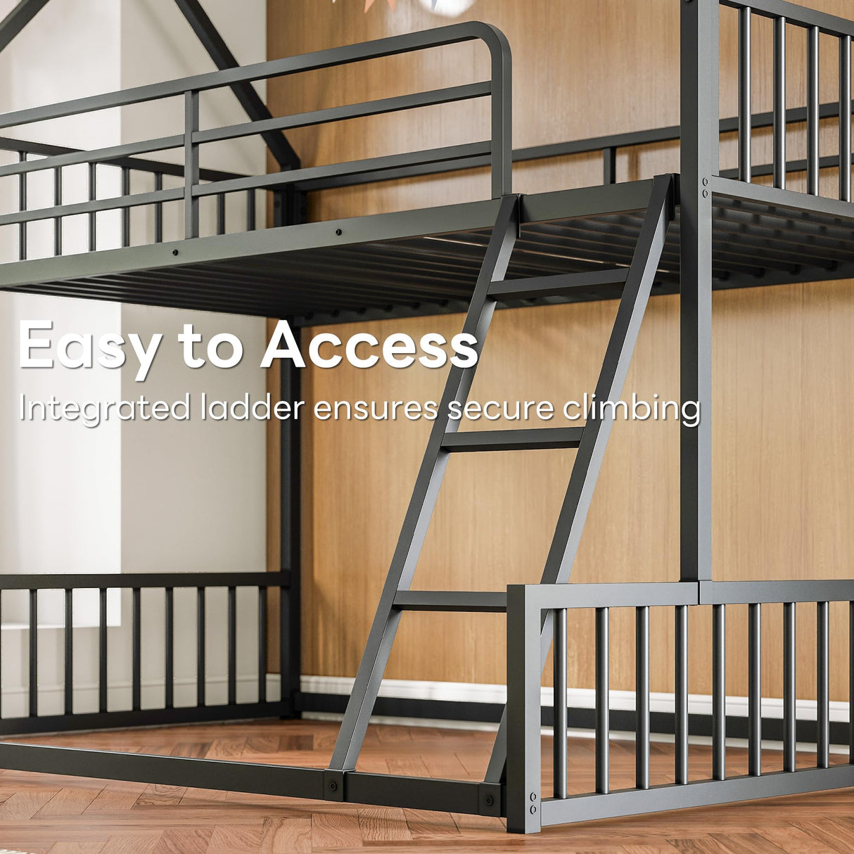 LIKIMIO Bunk Bed Twin Over Full Size, House Bunk Bed Frame with Ladder and Guardrail, House Shaped with Metal Slats Support No Box Spring Needed Space Saving for Bedroom and Dorm, Black LIKIMIO