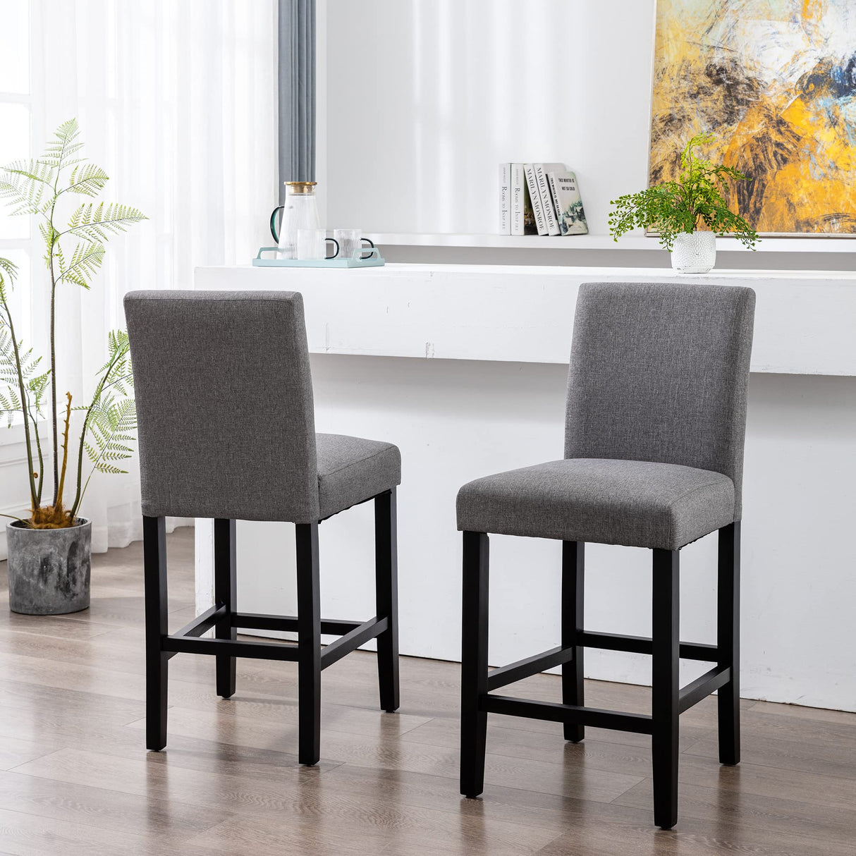LSSPAID Bar Stools Set of 2, 24.8 Inch Upholstered Fabric Counter Height Stools, Modern Kitchen Island Wood Bar Chairs Barstools with Backrest and Solid Wood Legs, Grey LSSPAID
