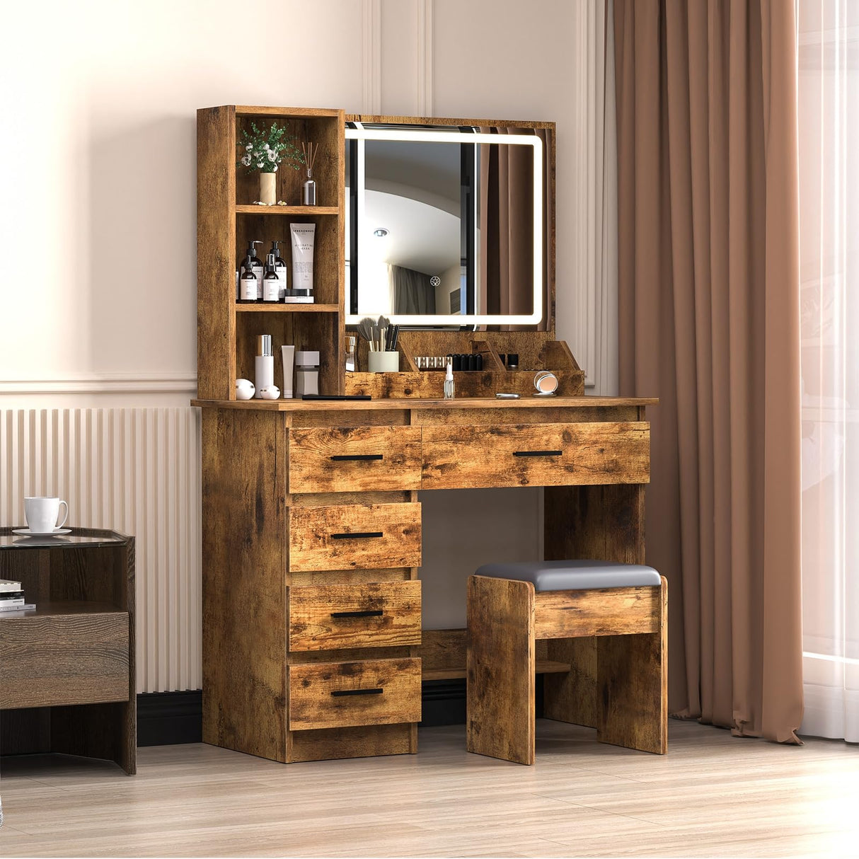 Hesitroad Vanity Desk with Mirror and Lights, Makeup Vanity Makeup Desk Large Vanity Desk with Storage Shelves, Vanity Table 5 Drawers Bedroom Dressing Table with Chair Small Vanity Desk Retro Brown Hesitroad