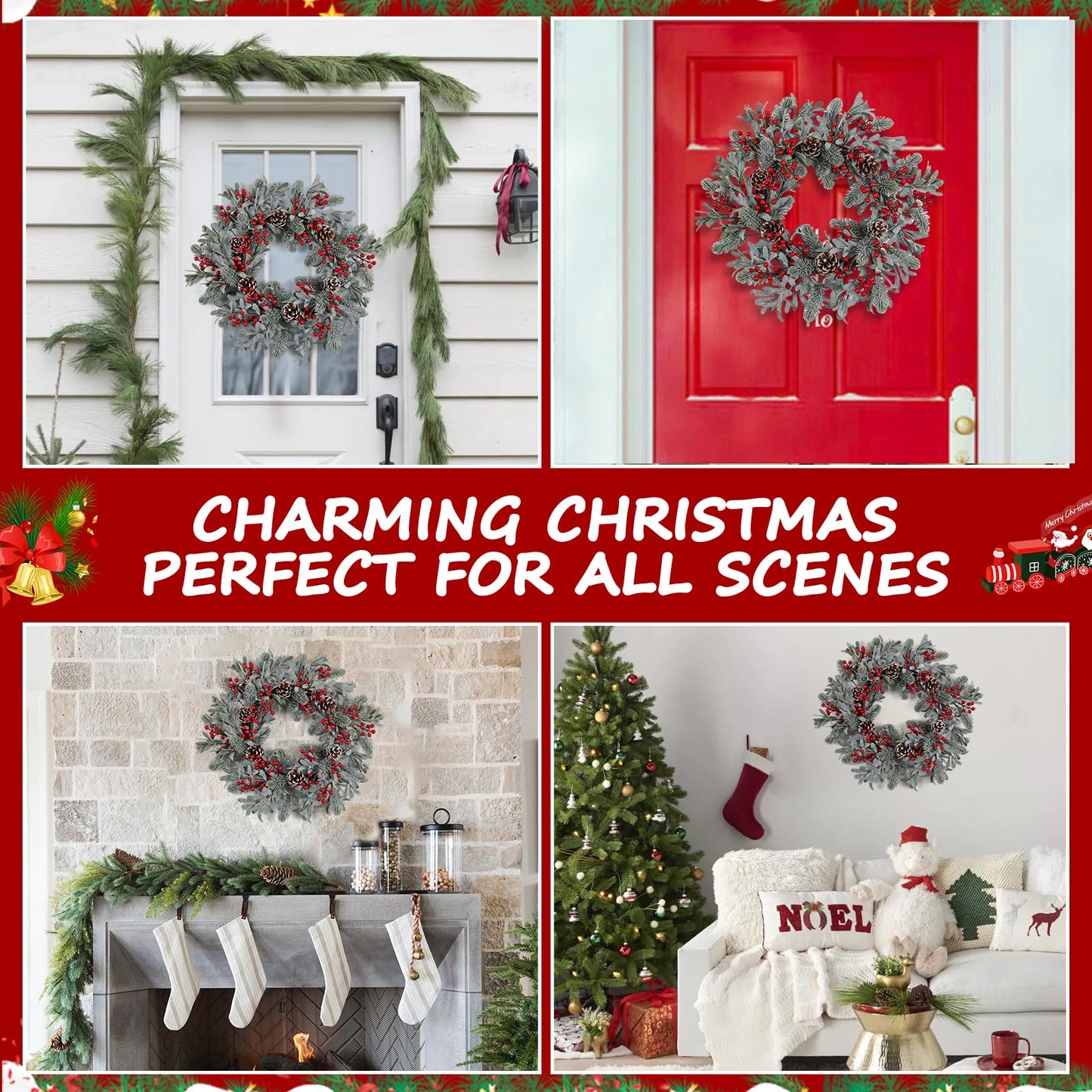 podafu Artificial Christmas Wreath 20 Inch Christmas Wreaths for Front Door Winter Wreath with Red Holly Berries Pine Cones for Front Doors Xmas Winter Holiday Indoor and Outdoor