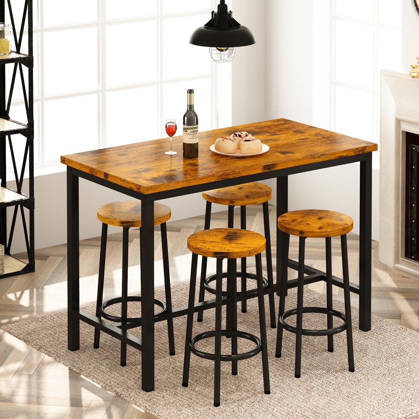 AWQM Bar Table and Chairs Set Industrial Counter Height Pub Table with 4 Chairs Bar Table Set 5 Pieces Dining Table Set Home Kitchen Breakfast Table, Rustic Brown